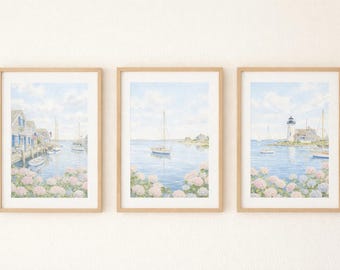 Nantucket Coastal Wall Art Set of 3, Hydrangea Beach Prints, Blue Sailboat Artwork, Preppy Coastal Decor, Grandmillennial Wall Decor