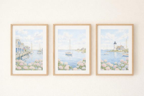 Nantucket Coastal Wall Art Set of 3, Hydrangea Beach Prints, Blue Sailboat Artwork, Preppy Coastal Decor, Grandmillennial Wall Decor
