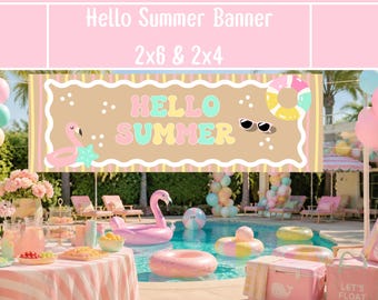 May include: A pastel-coloured banner reading "Hello Summer", with a flamingo and sunglasses illustration. The banner is displayed near a swimming pool with inflatable floats and a party setting with pink and white decorations.