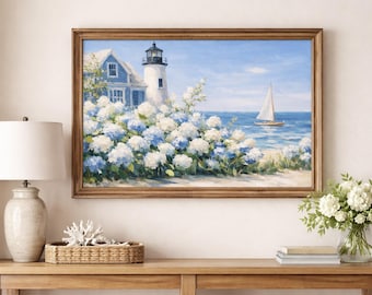 Nantucket Lighthouse Hydrangea Coastal Printable Wall Art,Grandmillennial Coastal Decor,Digital Download