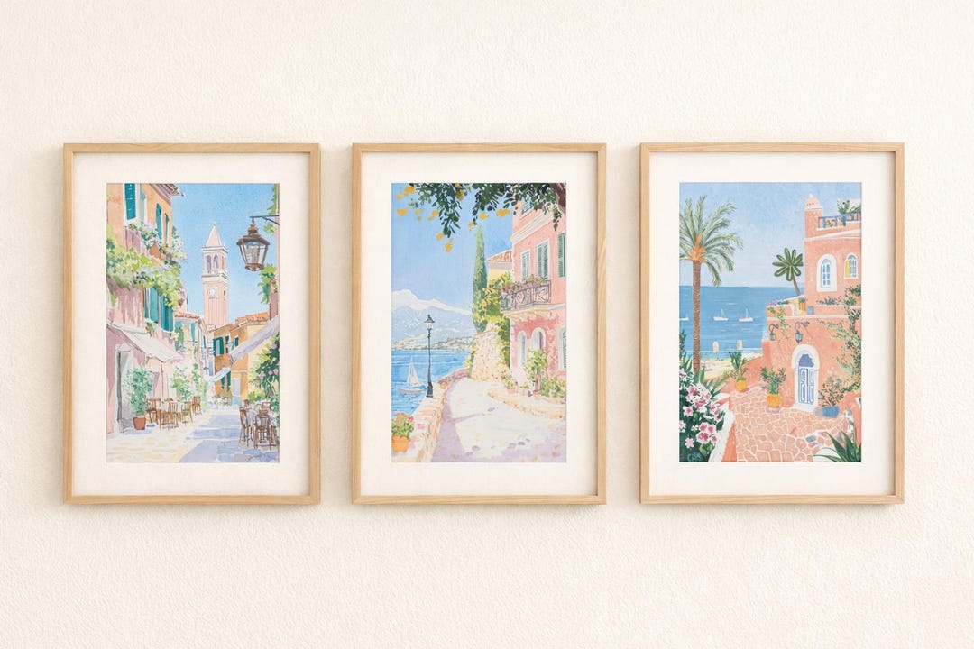 Italian Coastal Wall Art Set of 3, Mediterranean Watercolor Prints ...