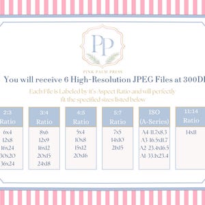 May include: A light blue and white framed graphic with the text "PINK PALM PRESS". The graphic lists the sizes of the JPEG files, including 6x4, 12x8, 16x24, 30x20, 36x24, 8x6, 12x9, 16x12, 20x15, 24x18, 5x4, 10x8, 15x12, 20x16, 7x5, 14x10, 21x15, A4 11.7x8.3, A3 16.5x11.7, A2 23.4x16.5, A1 33.1x23.4, and 14x11.