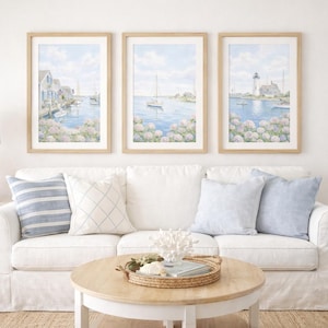 Nantucket Coastal Wall Art Set of 3, Hydrangea Beach Prints, Blue Sailboat Artwork, Preppy Coastal Decor, Grandmillennial Wall Decor image 2