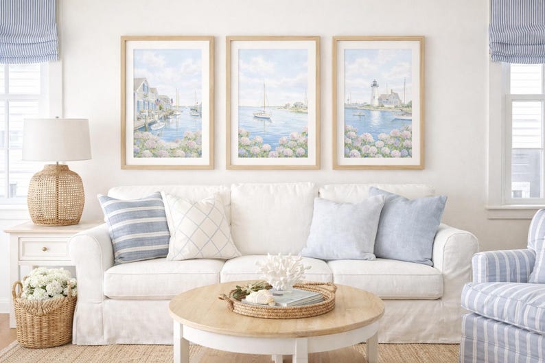 Nantucket Coastal Wall Art Set of 3, Hydrangea Beach Prints, Blue Sailboat Artwork, Preppy Coastal Decor, Grandmillennial Wall Decor image 2