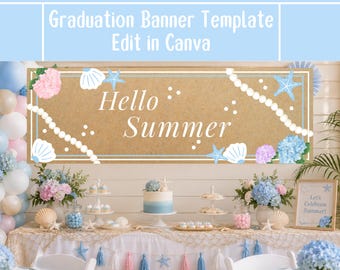 May include: A summer party scene featuring a banner reading "Hello Summer", adorned with seashells, starfish, and floral decorations. The table is set with a cake, cupcakes, and other decorative elements in blue, pink, and white, creating a festive atmosphere.