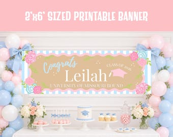 May include: A 2' x 6' printable banner with a light brown centre, blue and pink striped border, and floral accents. The banner says "Congrats Leila" and "Class of 2026" with "University of Missouri Bound" below. Balloons and desserts decorate the scene.