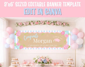 May include: A graduation banner with the text "Congrats Morgan" and "University of Floria Bound". The banner is tan with pink and blue accents and floral decorations. The banner is 0.6m x 1.8m and editable in Canva.
