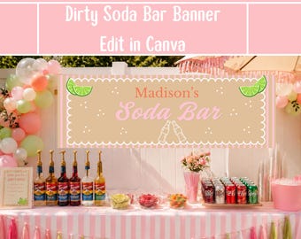 May include: A soda bar is set up with a pink and white striped table, featuring a banner reading "Madison's Soda Bar." The banner includes lime slice graphics. Syrups, candies, and soda cans are displayed. Balloons and pink tassels decorate the background.