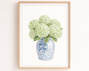 Grüner Hydrangea Chinoiserie Vase Druck, Küsten Grandmillennial Wandkunst, Blaues und weißes Ingwerglas, Nantucket Blumendekor, adrette Kunst