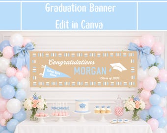 May include: A graduation banner with the text "Graduation Banner Edit in Canva" at the top. The banner reads "Congratulations MORGAN Class of 2026" with a graduation cap graphic. The scene includes balloons, a cake, and other celebratory decorations.