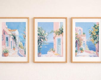 Italian Summer Coastal Prints Set of 3, Amalfi Coast Wall Art, Pink Blue Mediterranean Decor, Pastel Beach House Prints, Grandmillennial