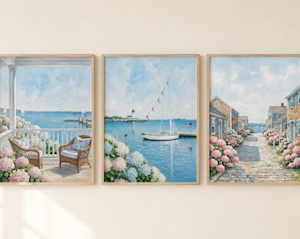 Nantucket Coastal Print Set, Hydrangea Beach Cottage Wall Art, Blue Coastal Grandmillennial Decor, Coastal Art Trio