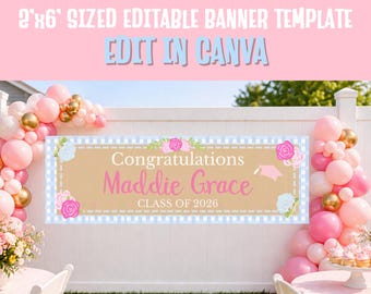 May include: A pink and tan banner with the text "Congratulations Maddie Grace CLASS OF 2026". The banner is decorated with pink roses and blue hydrangeas. The banner is 61 cm by 183 cm.