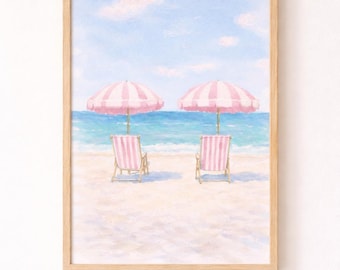 Pink Beach Umbrella Print | Coastal Watercolor Art (Digital Download)