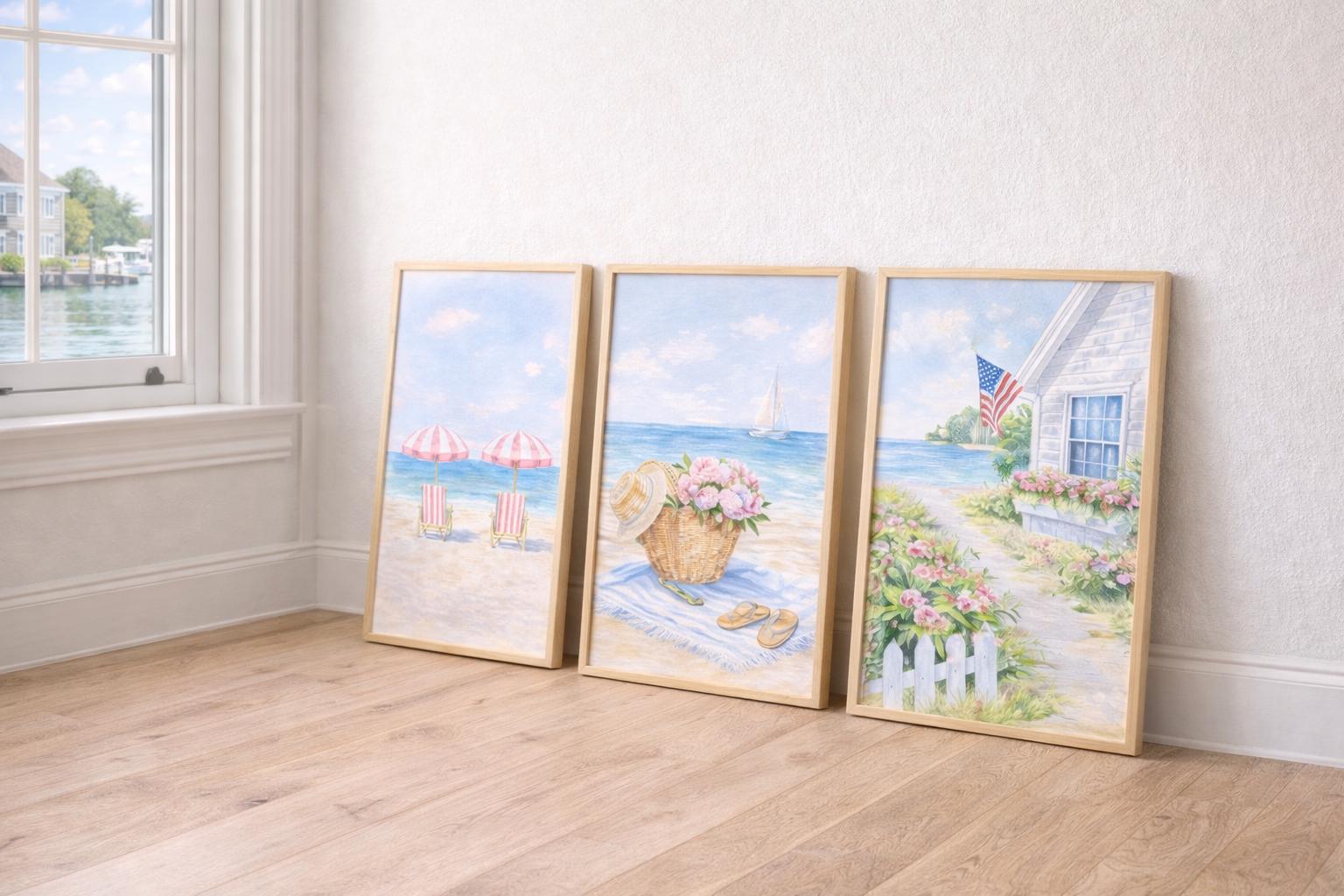 Coastal Watercolor Print Set | Pink Beach, Nantucket Cottage (digital ...