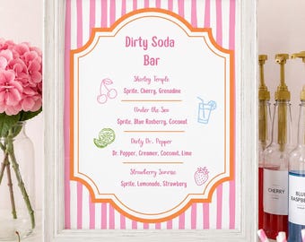 May include: A framed sign with a white background and pink and white vertical stripes. The sign reads "Dirty Soda Bar" and lists soda recipes with illustrations of cherries, a cocktail, a lime, and a strawberry. Cherry and blue raspberry syrups are visible.
