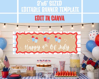 Editable Happy 4th of July Banner, Patriotic Fireworks Party Banner, Printable Independence Day Decor, BBQ Cookout Sign 2x6