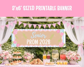 Pancarta para el baile de graduación de último año 2026, pancarta imprimible de 2x6, pancarta floral rosa y azul para el baile de graduación, decoración para el brunch de graduación estilo preppy, cartel de descarga instantánea