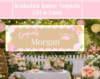 May include: A graduation banner template with the text "Congrats Morgan" and "Class of 2026". The banner features floral decorations and a graduation cap illustration. The background shows a garden party with a white picket fence and floral displays.