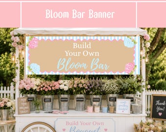 May include: A flower cart with a banner saying "Build Your Own Bloom Bar." The cart displays a variety of flowers in metal buckets. A small chalkboard sign reads "Thank You!" and another says "Pick Roses, Trim, Arrange, Enjoy!"