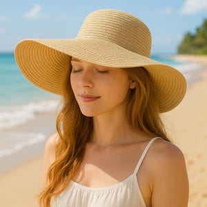 Sombrero de paja de ala ancha estilo vintage beige, sombrero de verano para mujer, sombrero de playa, sombrero bohemio plegable para el sol, sombrero de mujer, sombrero de paja, sombrero de verano
