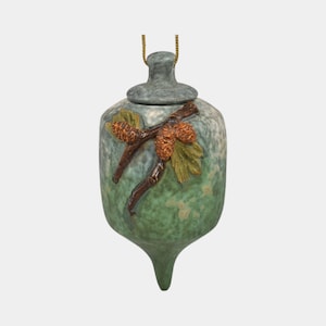 Ephraim Faience Hand Made Pottery Blue Green Snowy Pine Cristmas Ornament