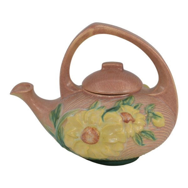 Roseville Peony Pink 1942 Vintage Art Deco Pottery Ceramic Teapot 3