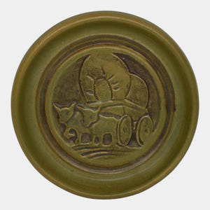 North Dakota School of Mines UND Vintage Art Pottery Green Ceramic Wagon Tray