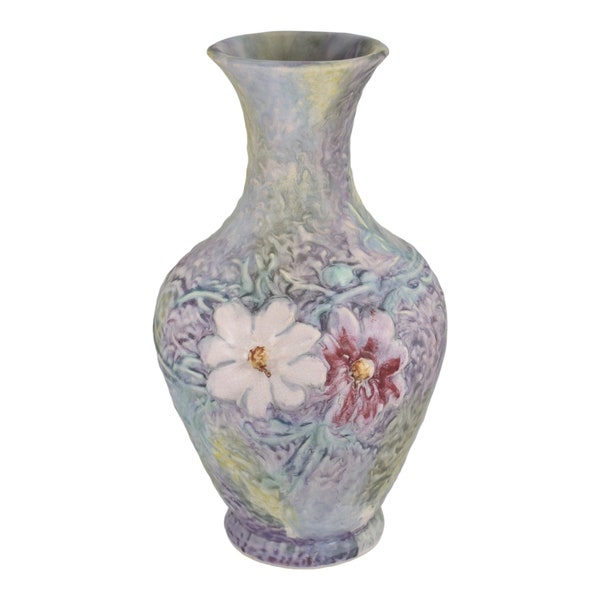 Weller Silvertone 1920s Vintage Art Pottery Pastel Cosmos Floral Ceramic Vase