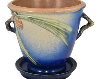 Roseville Pine Cone Green 1936 Pottery Ceramic Flower Pot Planter Saucer 633-5