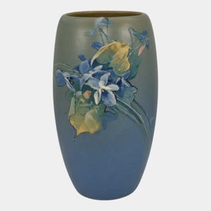 Weller Hudson 1920s Vintage Art Pottery Hand Painted Blue Flower Vase Timberlake