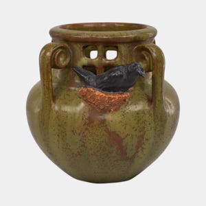 Ephraim Faience 2017 Hand Made Pottery Experimental Green Rookery Blackbird Vase