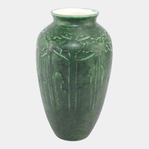 Ken Tracy 2017 Studio Art Pottery Hand Made Green Carved Trees Ceramic Vase