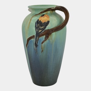 Ephraim Faience 2019 Hand Made Pottery Blue Finch Ceramic Tall Vase M07