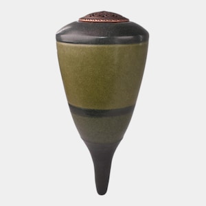 May include: A ceramic urn with a dark green speckled body, a black band, and a black base. The top is dark green with a decorative bronze lid. The urn has a tapered shape.