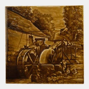 May include: A sepia-toned square tile featuring a detailed depiction of a watermill scene. The artwork showcases a mill building, water wheels, and figures near the water. The color palette is dominated by shades of brown, creating a vintage aesthetic.
