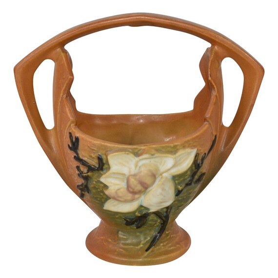 Roseville Pottery Magnolia 1943 Brown Basket 3837 Etsy
