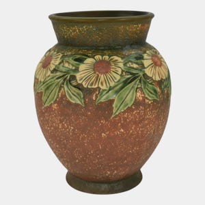 Roseville Dahlrose 1928 Arts And Crafts Pottery Brown Ceramic Vase 373-10