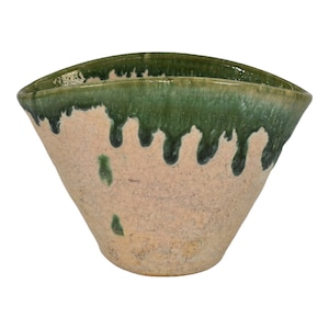 North State Pottery Sanford NC Vintage Hand Made Pottery Green Tan Pillow Vase