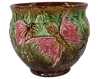 Weller Majolica 1920s Antique Art Pottery Red Butterfly Brown Ceramic Jardiniere