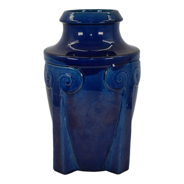 Asian Vintage Art Deco Pottery Four Buttressed High Glaze Blue Ceramic Vase