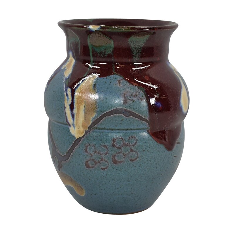 Bruce Odell 1996 Louisiana Studio Art Pottery Brown Blue Iridescent shops Raku Vase