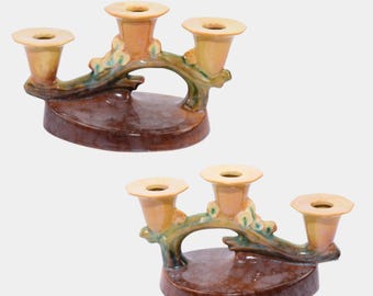 Roseville Wincraft Orange 1948 Mid Century Modern Ceramic Candle Holders 253