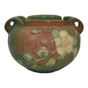 Roseville White Rose Brown 1940 Mid Century Art Pottery Jardiniere Planter 653-3