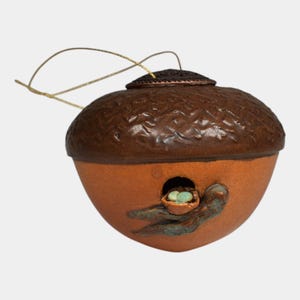 Ephraim Faience Pottery Brown Ceramic Acorn Nest Eggs Christmas Ornament