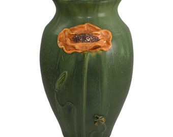 Door Studio Art Pottery Hand Thrown Orange Poppy Matte Green Ceramic Vase