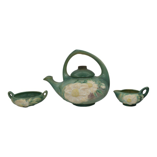 Roseville Peony Green 1942 Art Pottery Teapot, Sugar Bowl, Creamer Tea Set 3