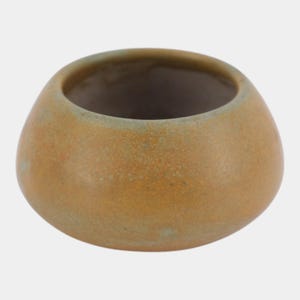 May include: A small, round ceramic bowl with a wide opening and a smooth, matte finish. The exterior features a mottled color palette of earthy ochre, muted orange, and soft sage green tones, while the interior is a solid, dark brown shade.