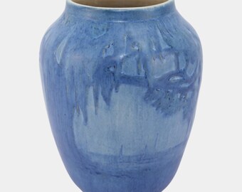 Newcomb College 1929 Vintage Arts and Crafts Pottery Blue Scenic Sail Boat Vase Bailey