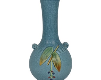 Weller Cornish 1933 Vintage Art Deco Pottery Blue Bulbous Handled Bud Vase
